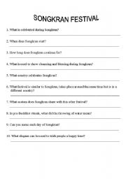 English worksheet: SONGKRAN questions