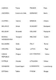 English worksheet: European countries, capitals and wordsearch