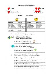 English worksheet: SCHOOL SUBJECTS AND OPINION