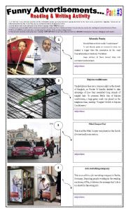 English Worksheet: 14 FUNNY ADVERTISEMENTS - ( 5 pages - Part 3 of 3) - Writing + Describing Pictures -  5 Activities