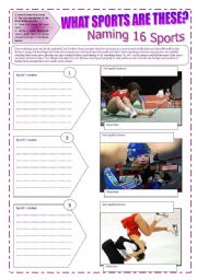 SPORTS - WHAT SPORTS ARE THESE? (6 pages) - NAMING 16 SPORTS + exercises and instructions