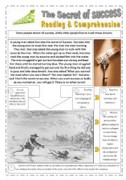 English Worksheet: THE SECRET OF SUCCESS -  (4 pages) with 8 READING & COMPREHENSION (WRITING ACTIVITY) and instructions + story