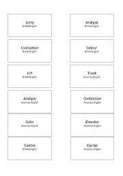 English Worksheet: memory game british and american english