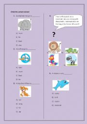 English worksheet: Animals multiple choice