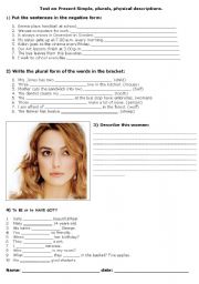 English Worksheet: test on present simple, plurals, physical descriptions