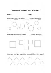 English worksheet: Colours, shapes and numbers
