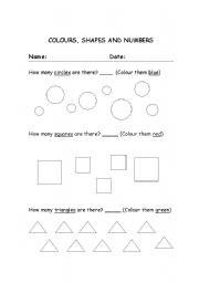 English Worksheet: Colours, shapes and numbers