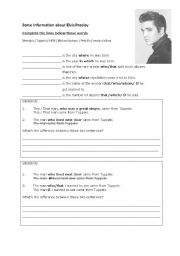 English Worksheet: Relative clauses with Elvis Presley