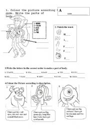 English Worksheet: beginers- parts of body, colours and reading with have got