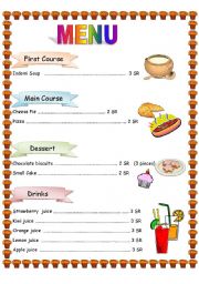 English Worksheet: menue
