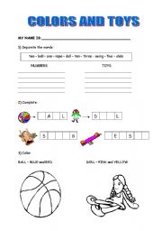 English worksheet: Toys - Colors - Numbers