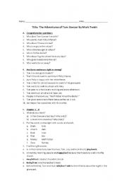 English Worksheet: comprehension exercises for the adventures of tom sawyer by mark twain