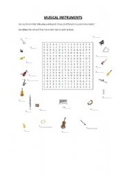 English worksheet: Musical Instruments Wordsearch