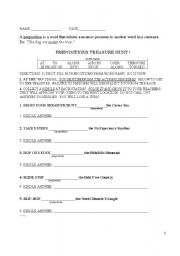 English worksheet: Prepositions Treasure Hunt with Riddles