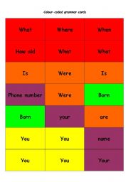 English worksheet: colour-coded grammar cards