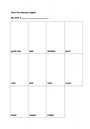 English worksheet: classroom objects drawing