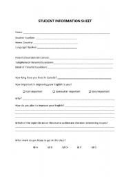 English worksheet: Student Info Sheet - First Day of Classes