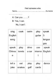 English Worksheet: Find some one who