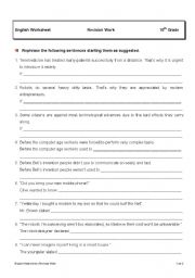 English Worksheet: Rephrasing exercises for 11th grade students