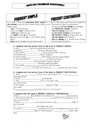 worksheet present simple /present continuous