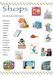 English Worksheet: shops vocabulary and the future