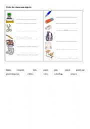 English Worksheet: classroom objects matching