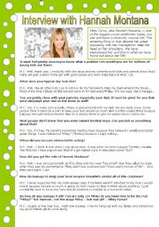 English Worksheet: interview with Hannah Montana (with key) 