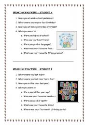 English Worksheet: Speaking  WAS/WERE