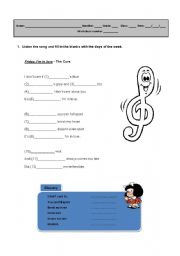 English Worksheet: Song: Friday Im in love - Days of the week