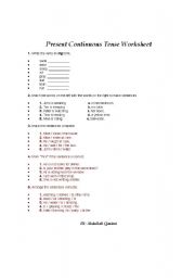 English Worksheet: Present Conituous Tense Worksheet for Elementary Classes