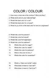 English worksheet: Conversation questions about color