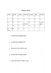 English worksheet: Calendar Workshhet