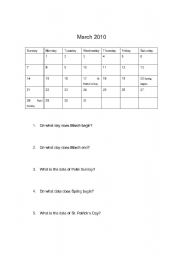 English Worksheet: Calendar Workshhet