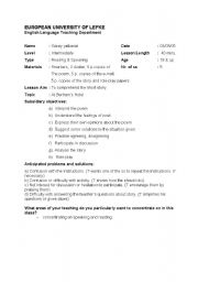 English worksheet: lesson plan