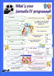 English Worksheet: What�s your favourite TV programme/ movie?  Dialogues (BW+key)
