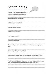 English worksheet: CONVERSATION TOPIC: YOUTH!