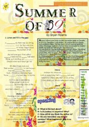 English Worksheet: Summer of 69 Song & exercises Past Simple & Speaking