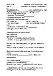 English worksheet: Gap filling exercise with the lyrics of Hotel California (Eagles)