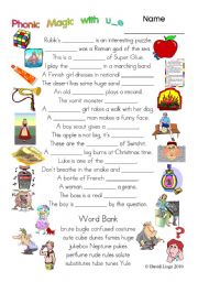 English Worksheet: 3 Magic pages of Phonic Fun with u_e: worksheet, story and key (#25)