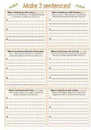 English Worksheet: classroom competition; writing correct sentences; general vocabulary game; clothing, animals, days of the week, food, colours, furniture; B&W INCLUDED AND EDITABLE!!