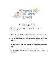 English Worksheet: discussion questions mothers day
