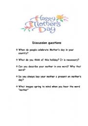 English worksheet: discussion questions mothers day