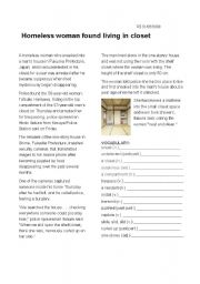 English Worksheet: Homeless Woman Found Living in Closet - True Story Reading 