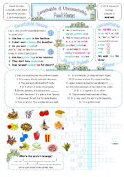 Countable & Uncountable Food Nouns - Single/Plural with have, like, and want. 2 pages + key.