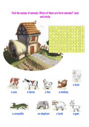 English Worksheet: farm animals, wild animals