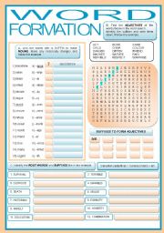 English Worksheet: WORD FORMATION - ROOT WORDS (PARTS OF SPEECH) and SUFFIXES (fully editable + KEY)