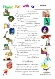 English Worksheet: 3 pages of Phonic Fun with or: worksheet, story and key (#11)