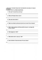 English worksheet: Lady Di reading comprehension worksheet