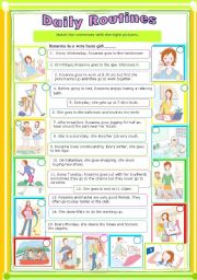 English Worksheet: DAILY ROUTINES. Practice present simple (+ - ?) . Organize the sequence of actions into a paragraph. Linking words. Write questions for the answers. 