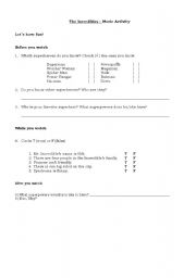 English Worksheet: The Incredibles Movie Activity